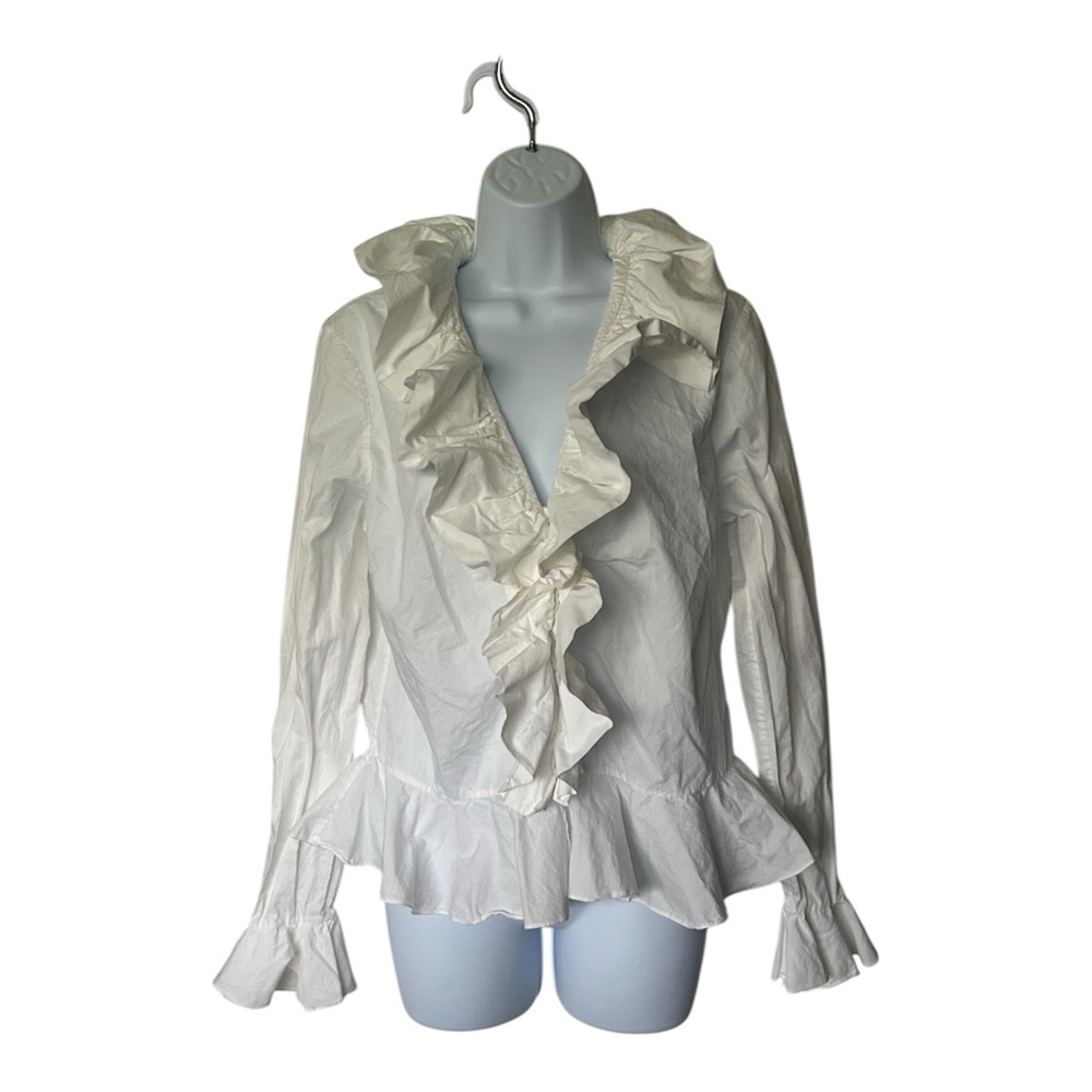 Ralph Lauren Vintage 90s White Cotton Ruffle Blouse Long Sleeve Peplum Size 12 - Picture 2 of 5